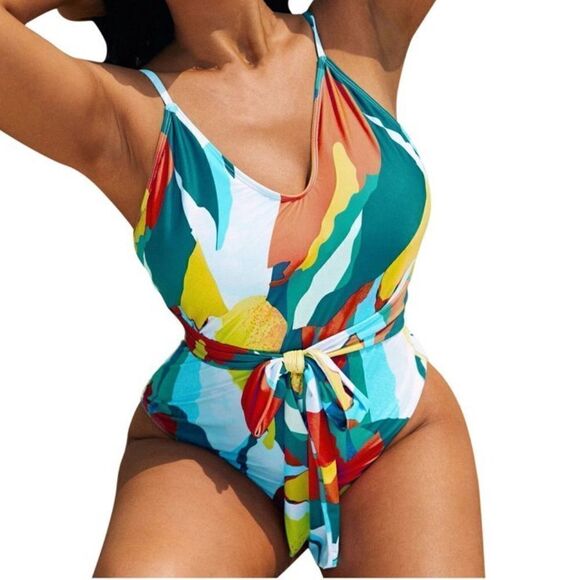 Auroural Belted One-Piece Swimwear One-Piece Plus Size Overlay Print Bikini - Picture 4 of 5